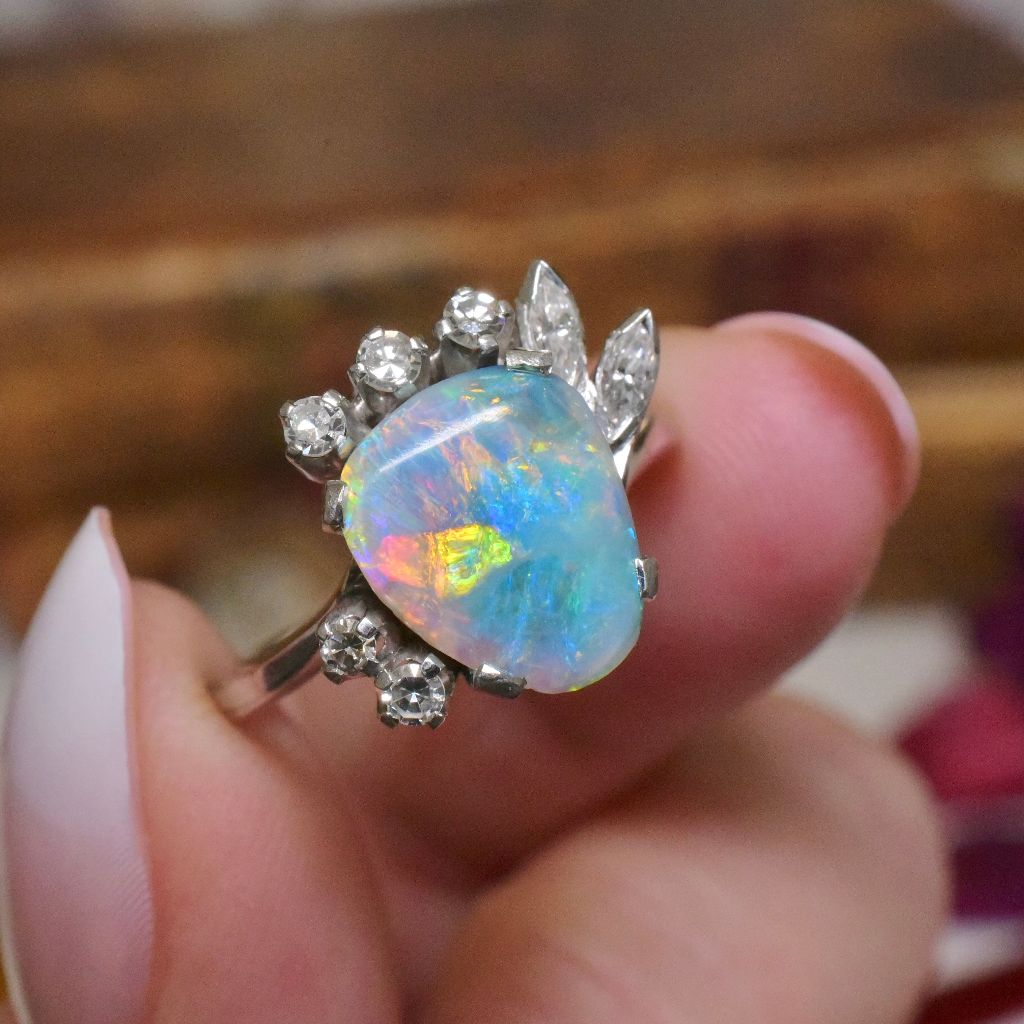 Superb 18ct White Gold Solid Lightning Ridge Black Opal And Diamond Ring