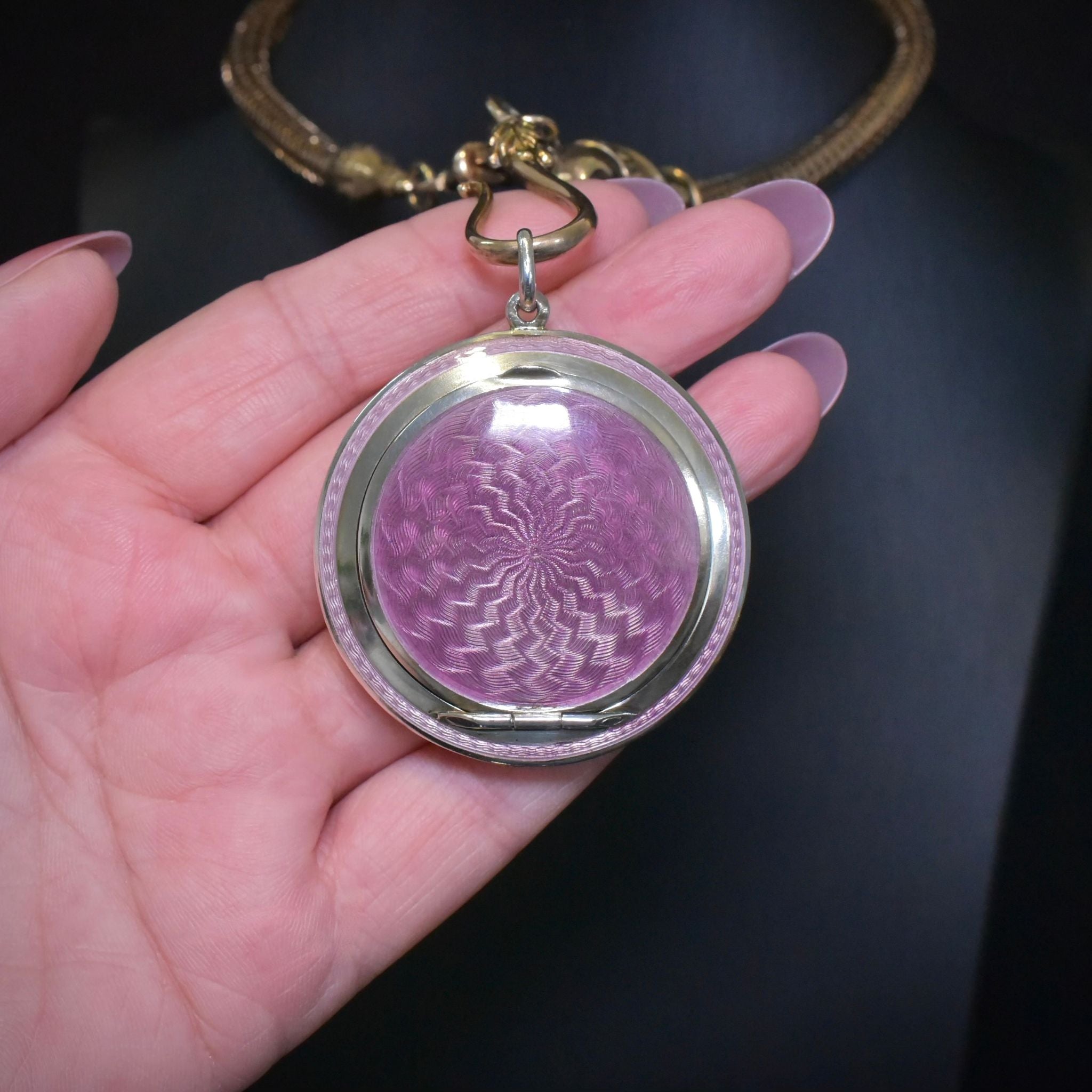 Antique Art Deco Sterling Silver Guilloché Enamel Compact / Pendant - London 1925