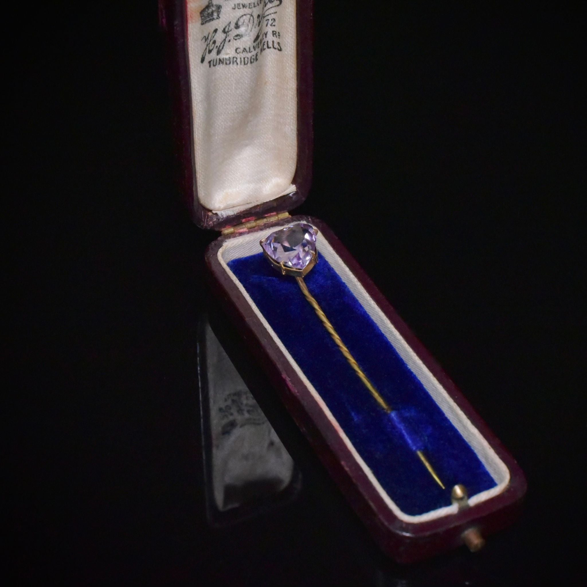 Antique Edwardian 9ct Gold Heart-Cut Amethyst Pin By H. J. Drake - Kent, England With Original Fitted Box