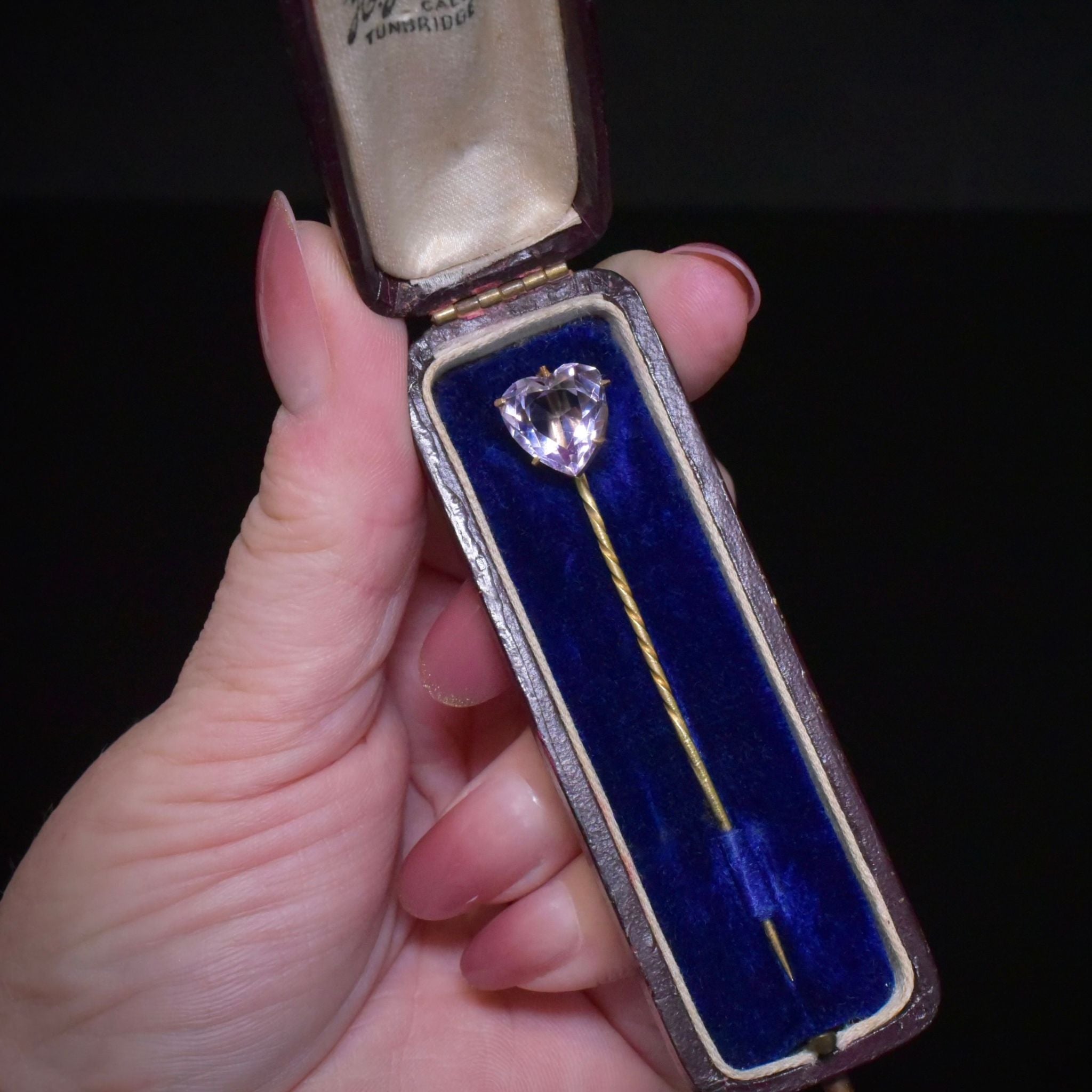 Antique Edwardian 9ct Gold Heart-Cut Amethyst Pin By H. J. Drake - Kent, England With Original Fitted Box