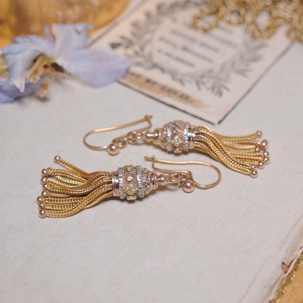 Superb Antique Victorian 9ct (And 15ct) Tri-Colour Long Drop Tassel Earrings Circa 1880-90