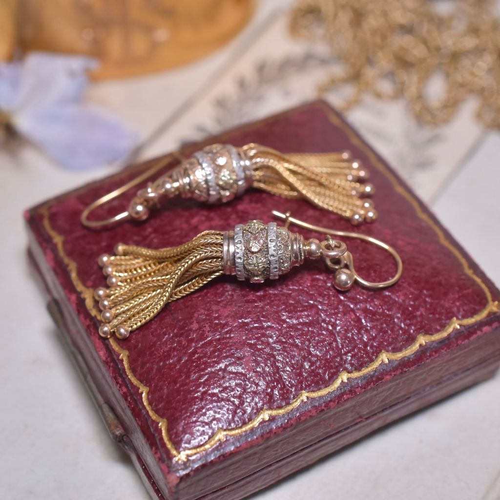 Superb Antique Victorian 9ct (And 15ct) Tri-Colour Long Drop Tassel Earrings Circa 1880-90