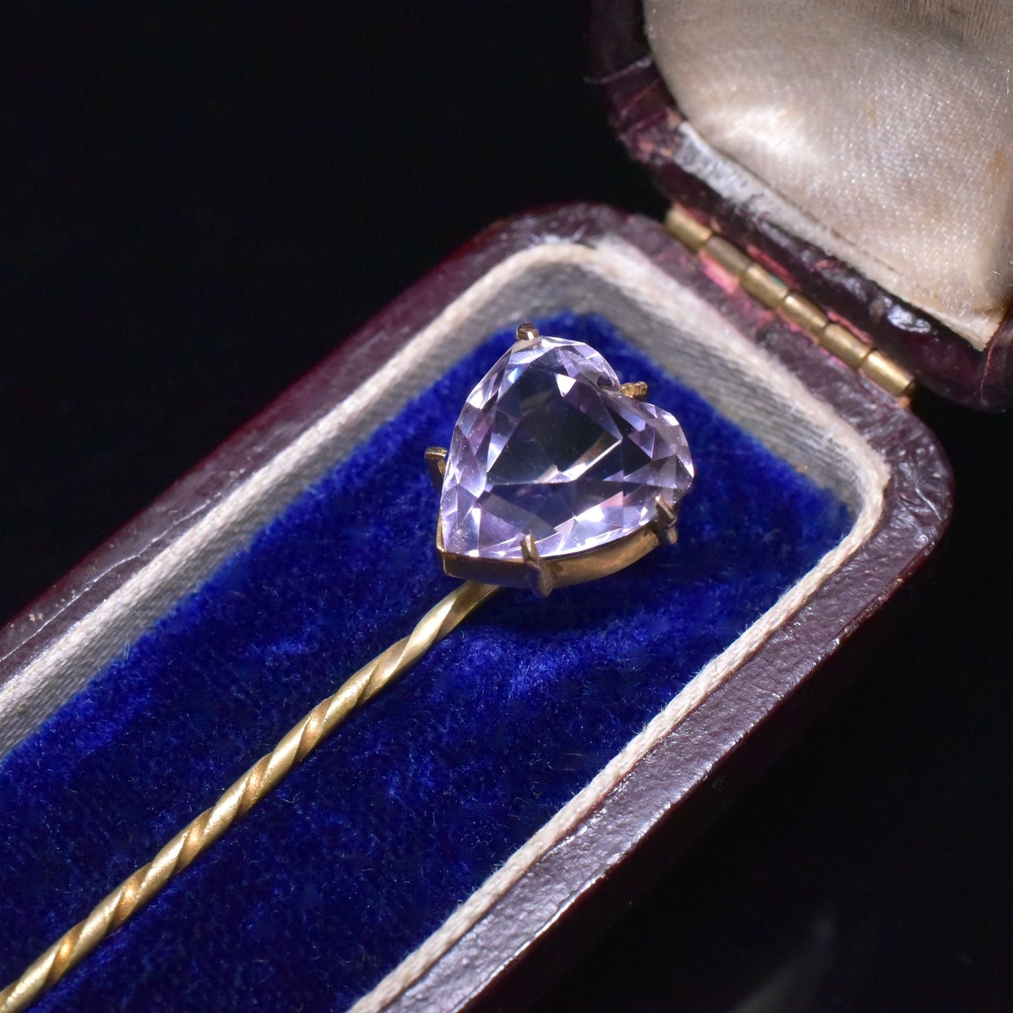 Antique Edwardian 9ct Gold Heart-Cut Amethyst Pin By H. J. Drake - Kent, England With Original Fitted Box