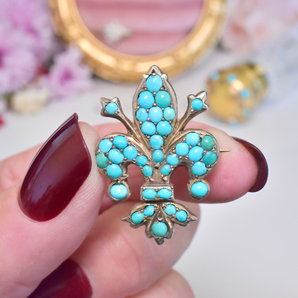Antique Victorian Silver And Turquoise Fleur-De-Lys Brooch Circa 1880-90