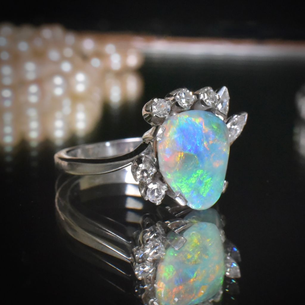 Superb 18ct White Gold Solid Lightning Ridge Black Opal And Diamond Ring
