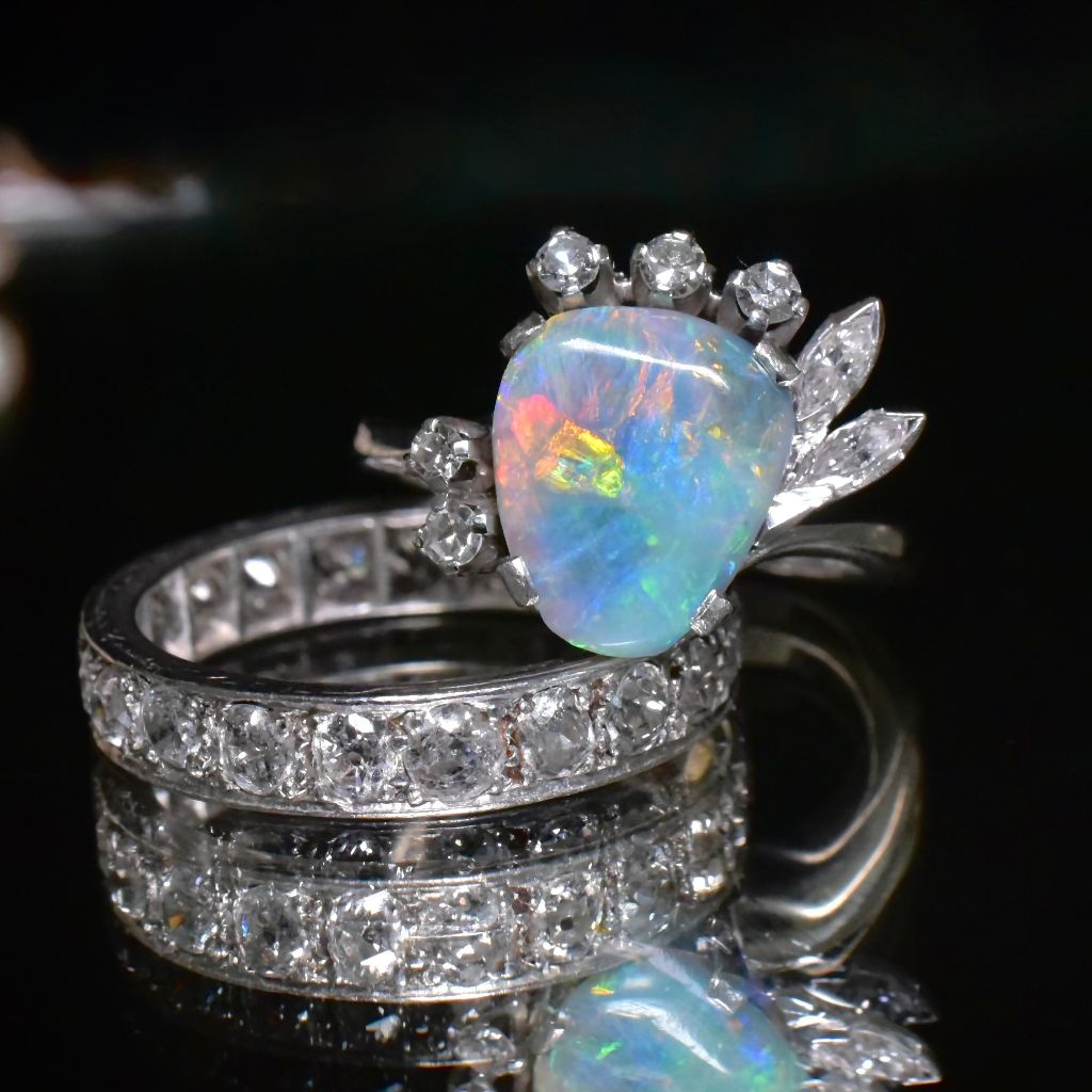 Superb 18ct White Gold Solid Lightning Ridge Black Opal And Diamond Ring