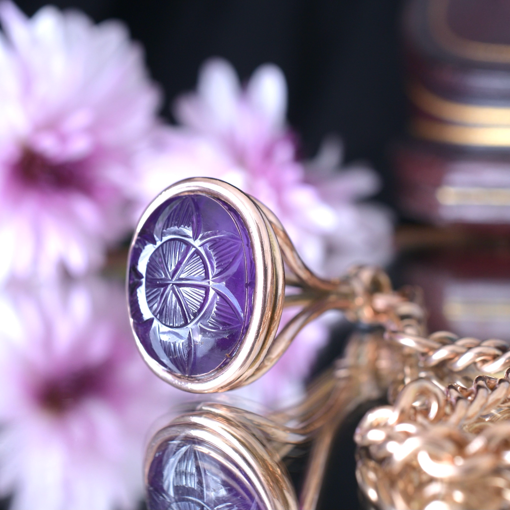 Vintage Large 9ct Rose Gold Carved Amethyst Fob Seal Pendant