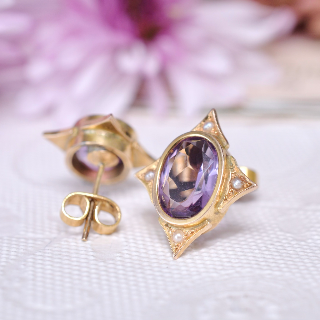 Vintage 9ct Yellow Gold Amethyst And Seed Pearl Earrings