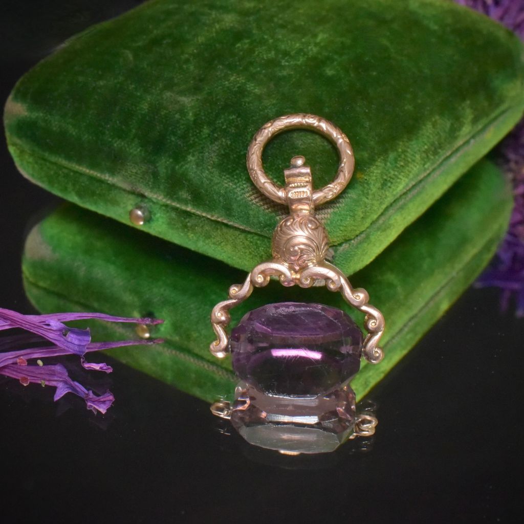 Antique Late Georgian/ Early Victorian *Gold Cased/Gilt* And Amethyst Glass Spinner Fob Pendant
