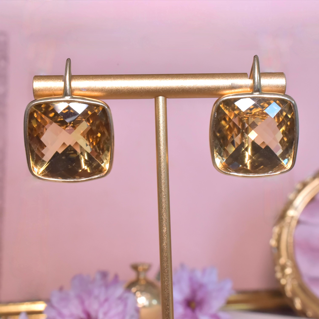 Modern 9ct Yellow Gold Checkerboard Cut Citrine Earrings - 36ct