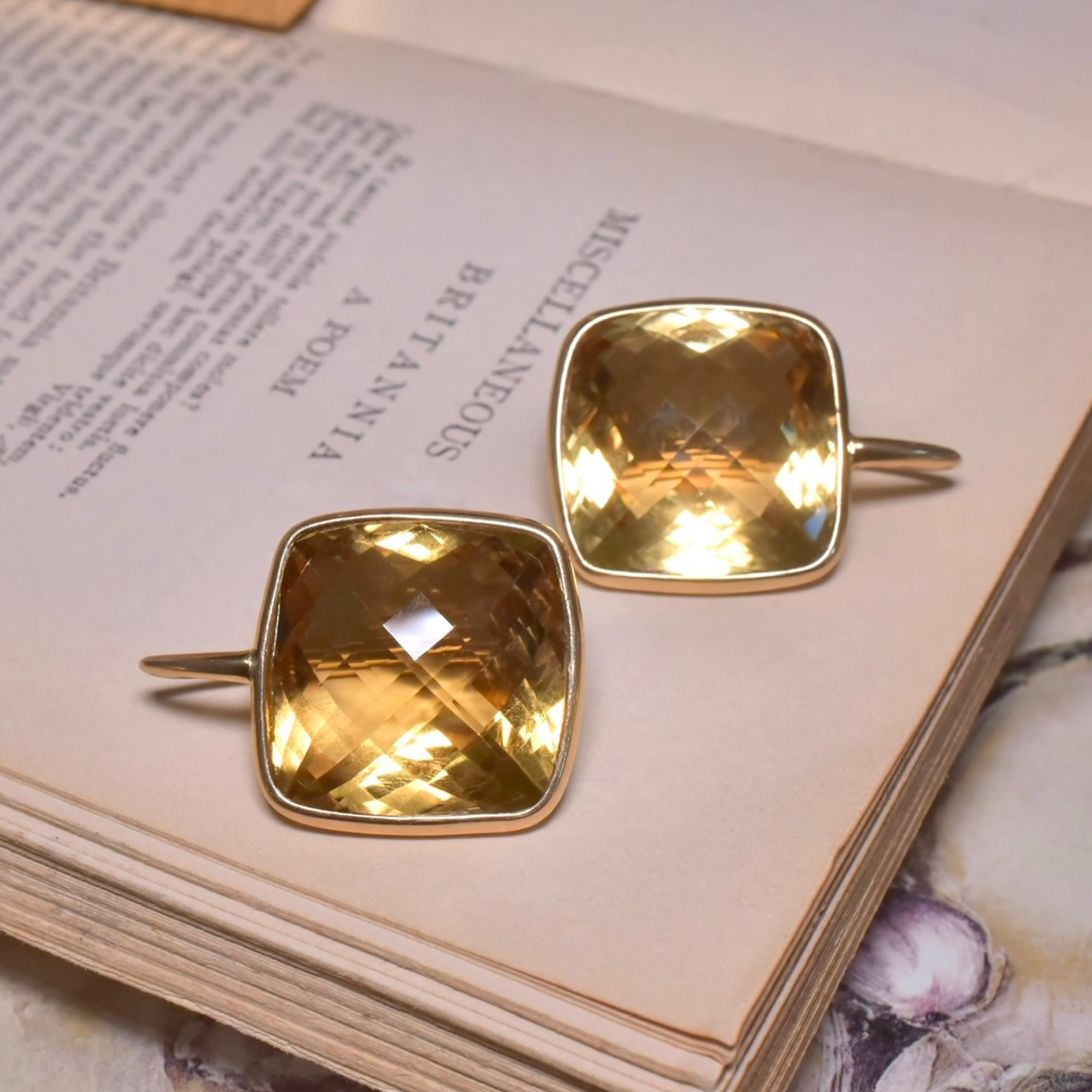 Modern 9ct Yellow Gold Checkerboard Cut Citrine Earrings - 36ct