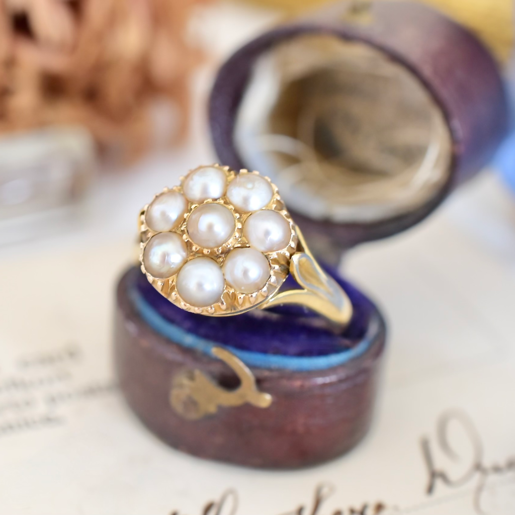 Antique Victorian 18ct Yellow Gold Daisy Halo Pearl Ring Circa 1900