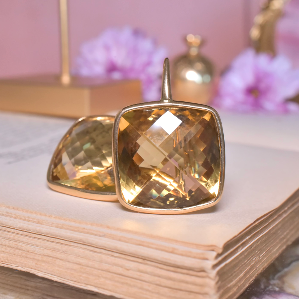 Modern 9ct Yellow Gold Checkerboard Cut Citrine Earrings - 36ct