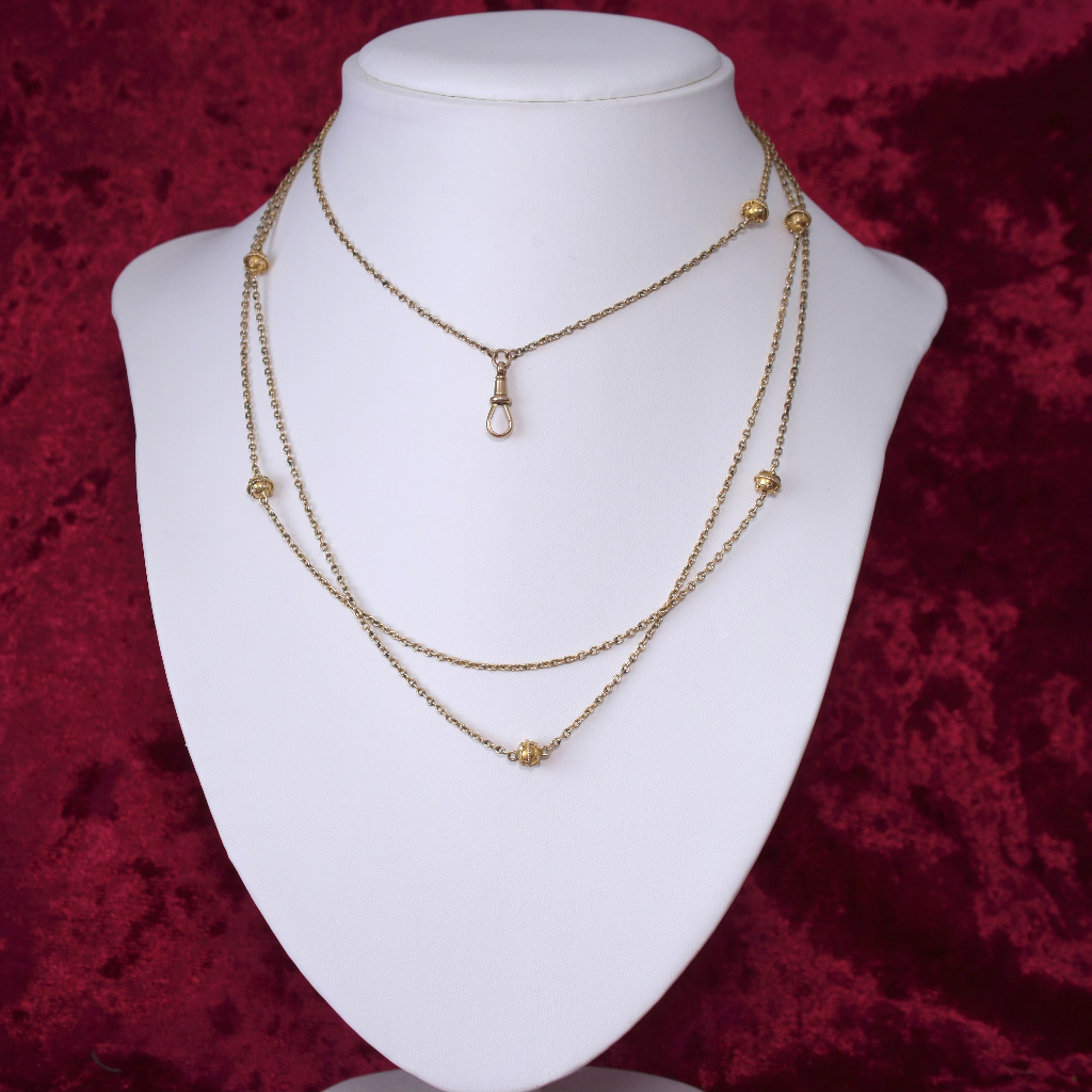Antique Victorian 9ct Yellow Gold Etruscan Revival Long Guard Chain Circa 1890-1900