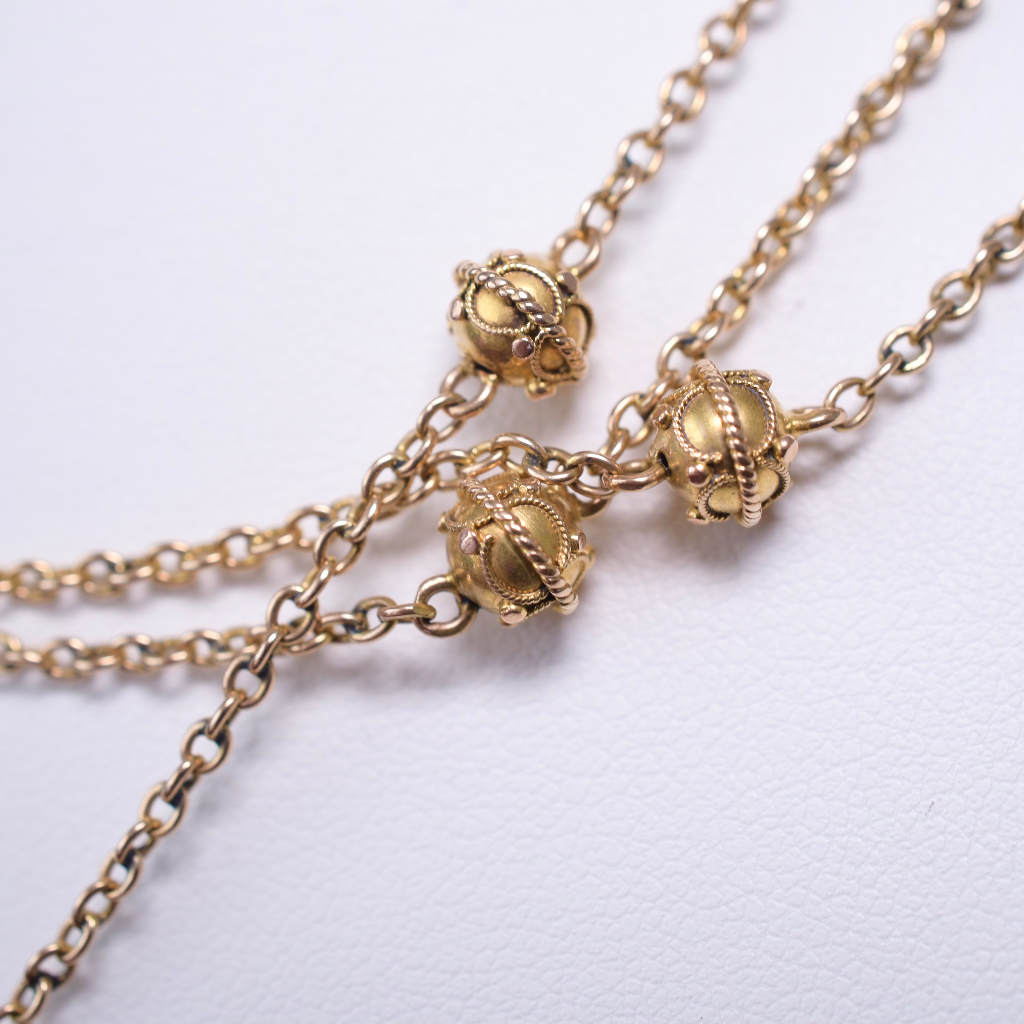 Antique Victorian 9ct Yellow Gold Etruscan Revival Long Guard Chain Circa 1890-1900