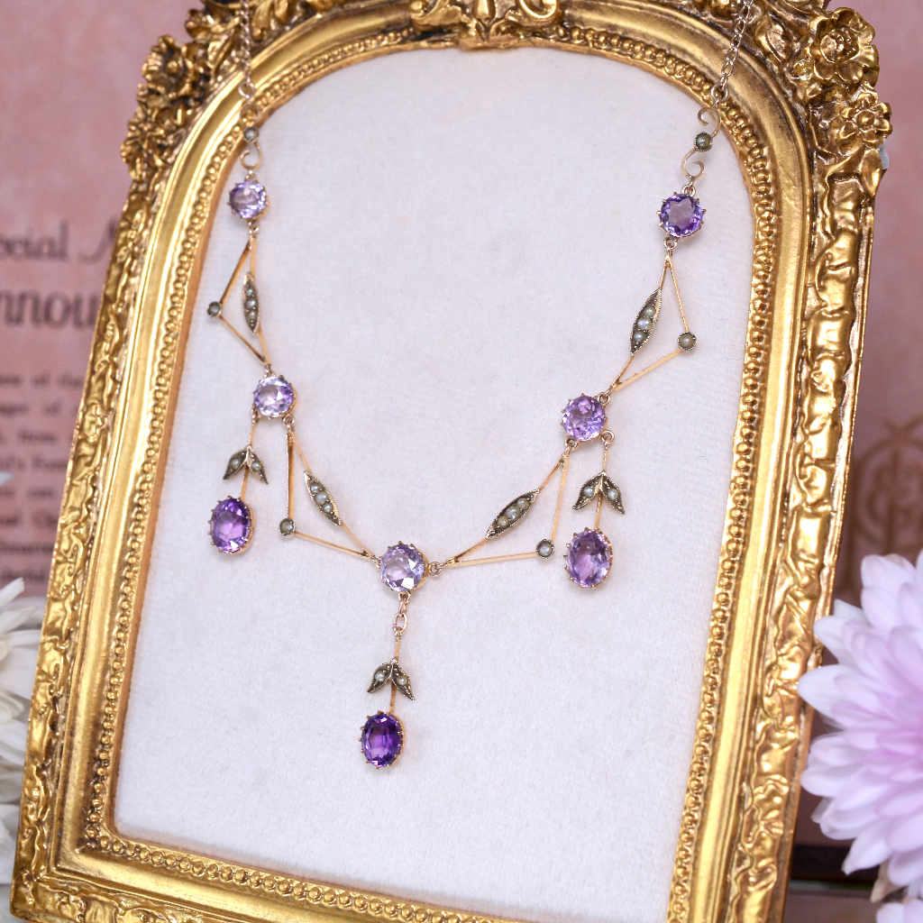 Antique Edwardian 9ct Rose Gold Amethyst Pearl Fringe Necklace Circa 1910