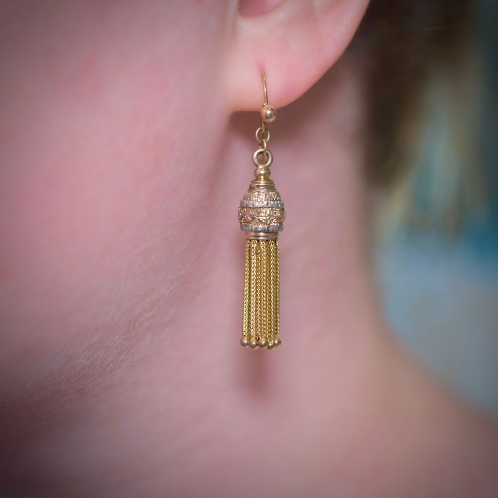 Superb Antique Victorian 9ct (And 15ct) Tri-Colour Long Drop Tassel Earrings Circa 1880-90