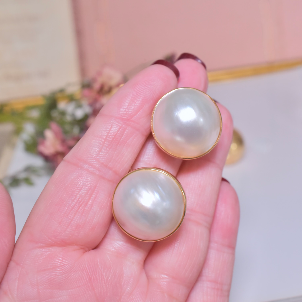 Modern 14ct Yellow Gold South Sea Mabe Pearl Earrings - 16 Grams
