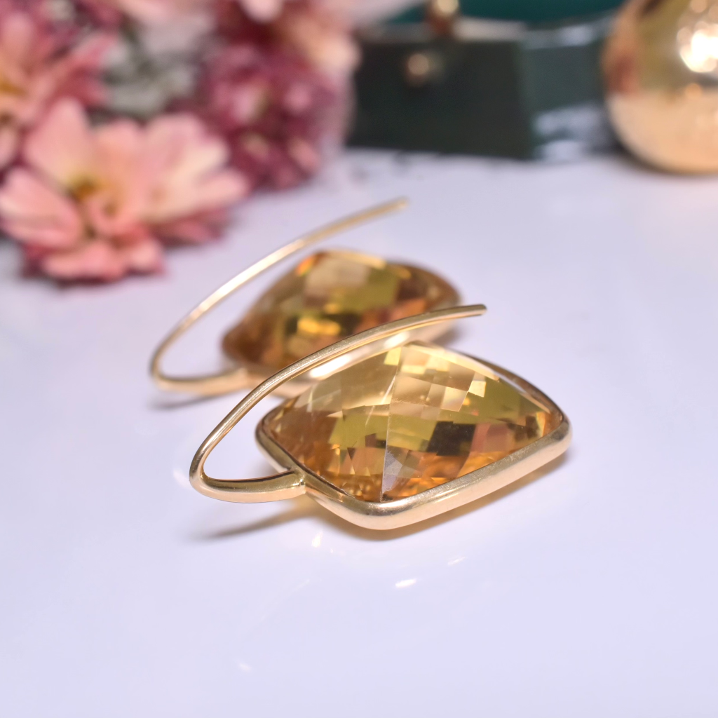 Modern 9ct Yellow Gold Checkerboard Cut Citrine Earrings - 36ct