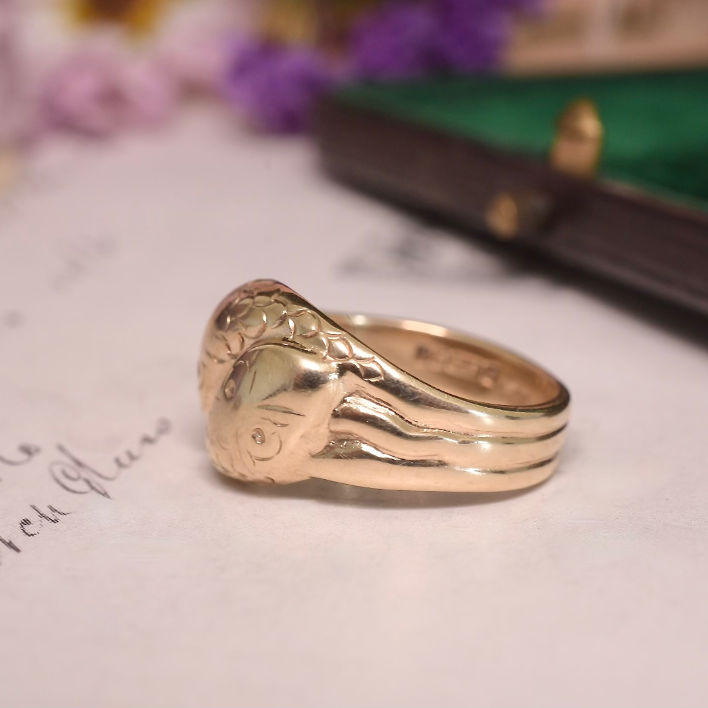 Vintage 9ct Yellow Gold Double Headed Serpent Ring - Birmingham 1958
