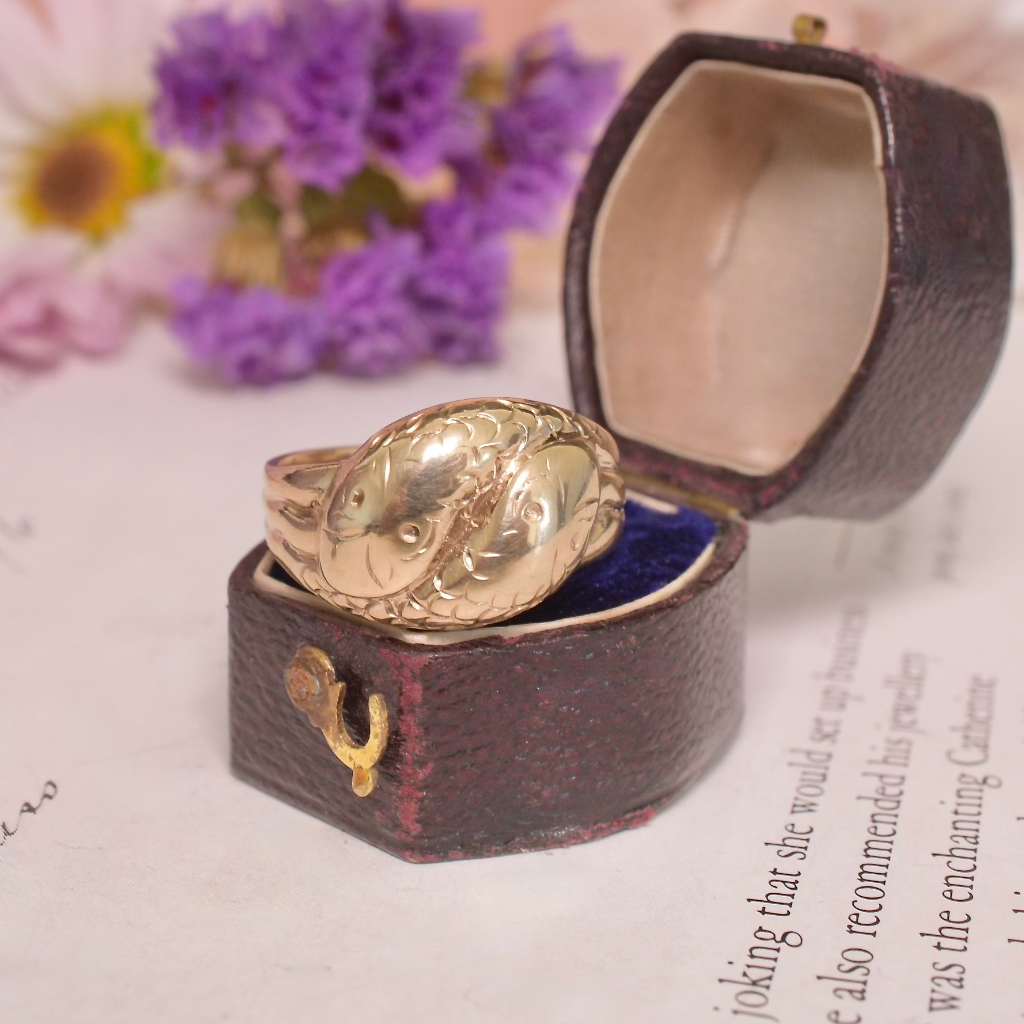 Vintage 9ct Yellow Gold Double Headed Serpent Ring - Birmingham 1958