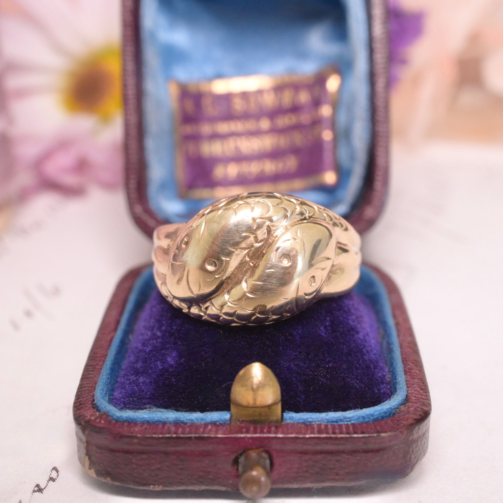 Vintage 9ct Yellow Gold Double Headed Serpent Ring - Birmingham 1958