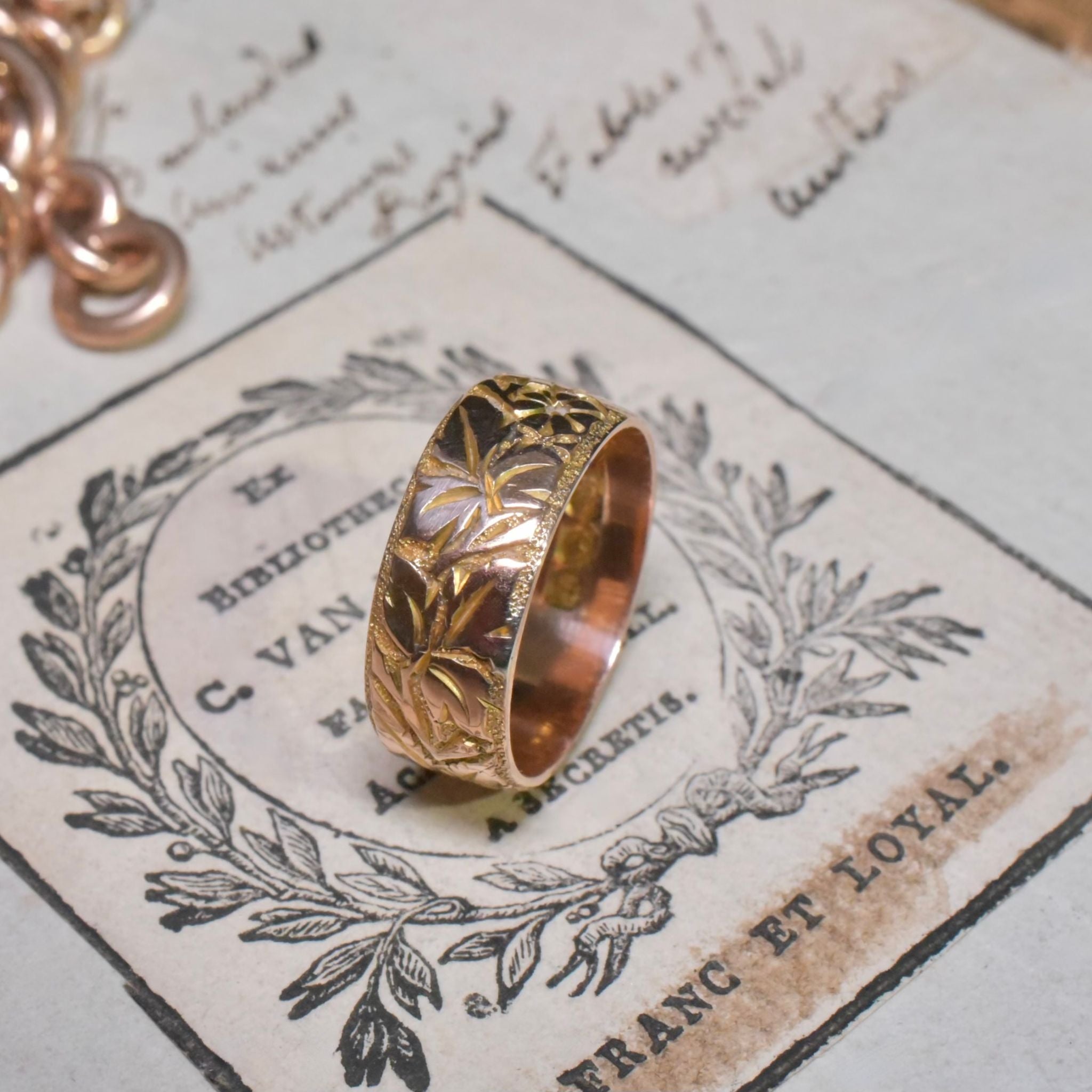 Antique Art Deco Era 9ct Rose Gold Patterned Ring - Birmingham 1916