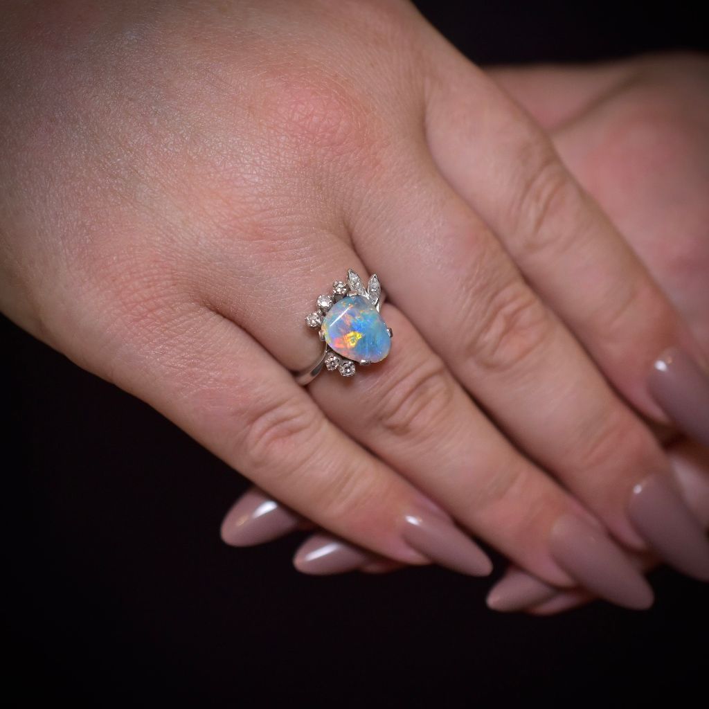 Superb 18ct White Gold Solid Lightning Ridge Black Opal And Diamond Ring
