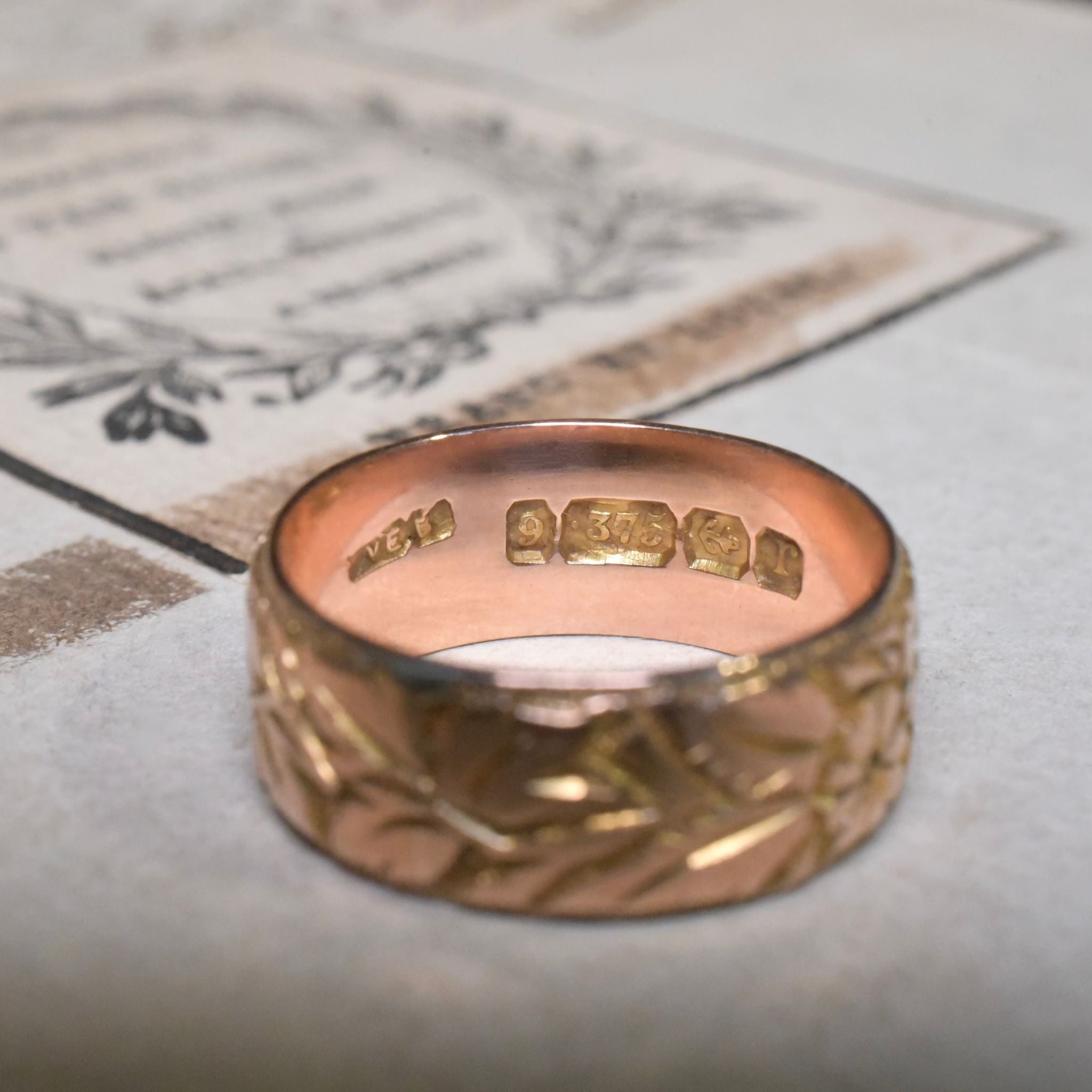 Antique Art Deco Era 9ct Rose Gold Patterned Ring - Birmingham 1916