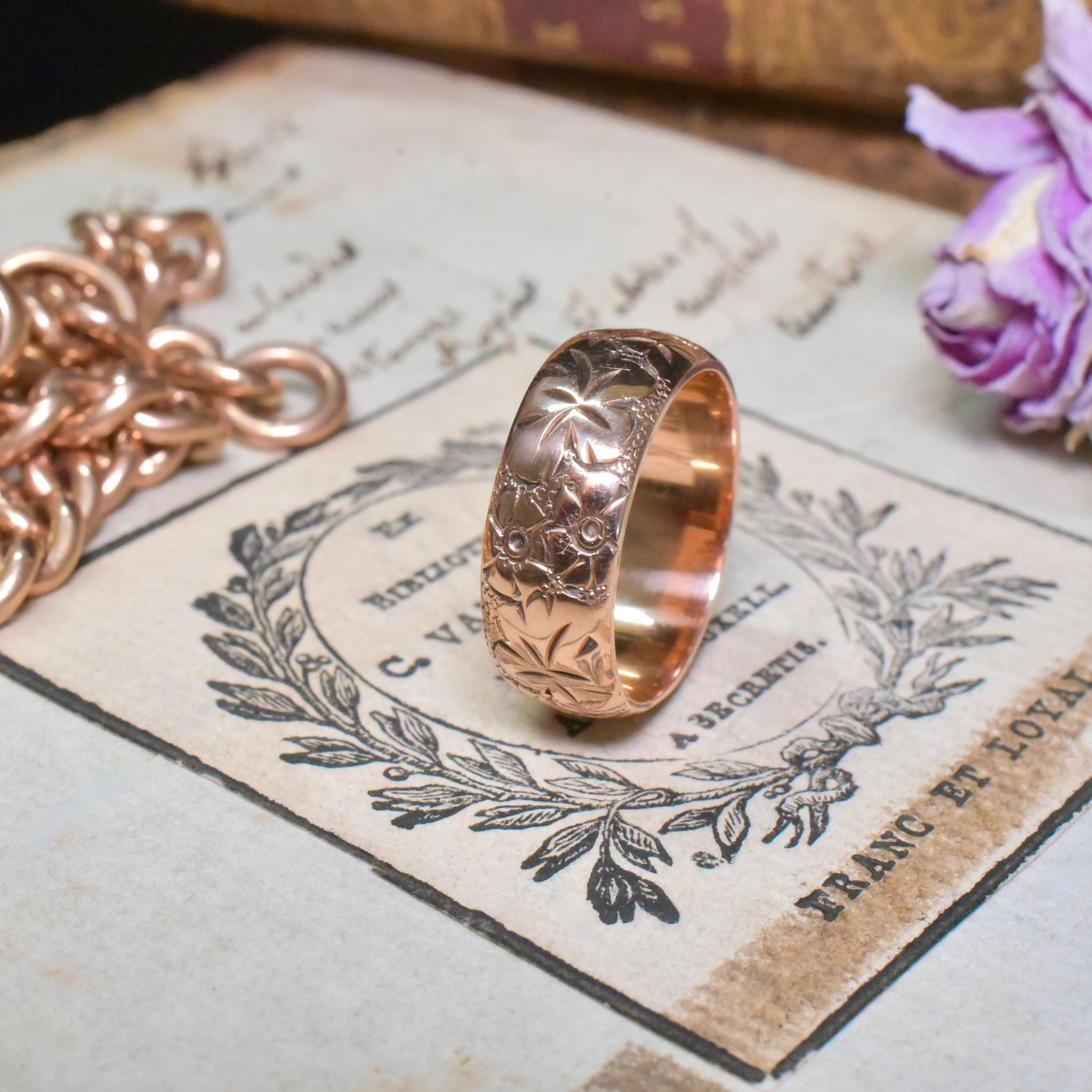 Antique Edwardian 9ct Rose Gold Floral Patterned Band - Chester 1907