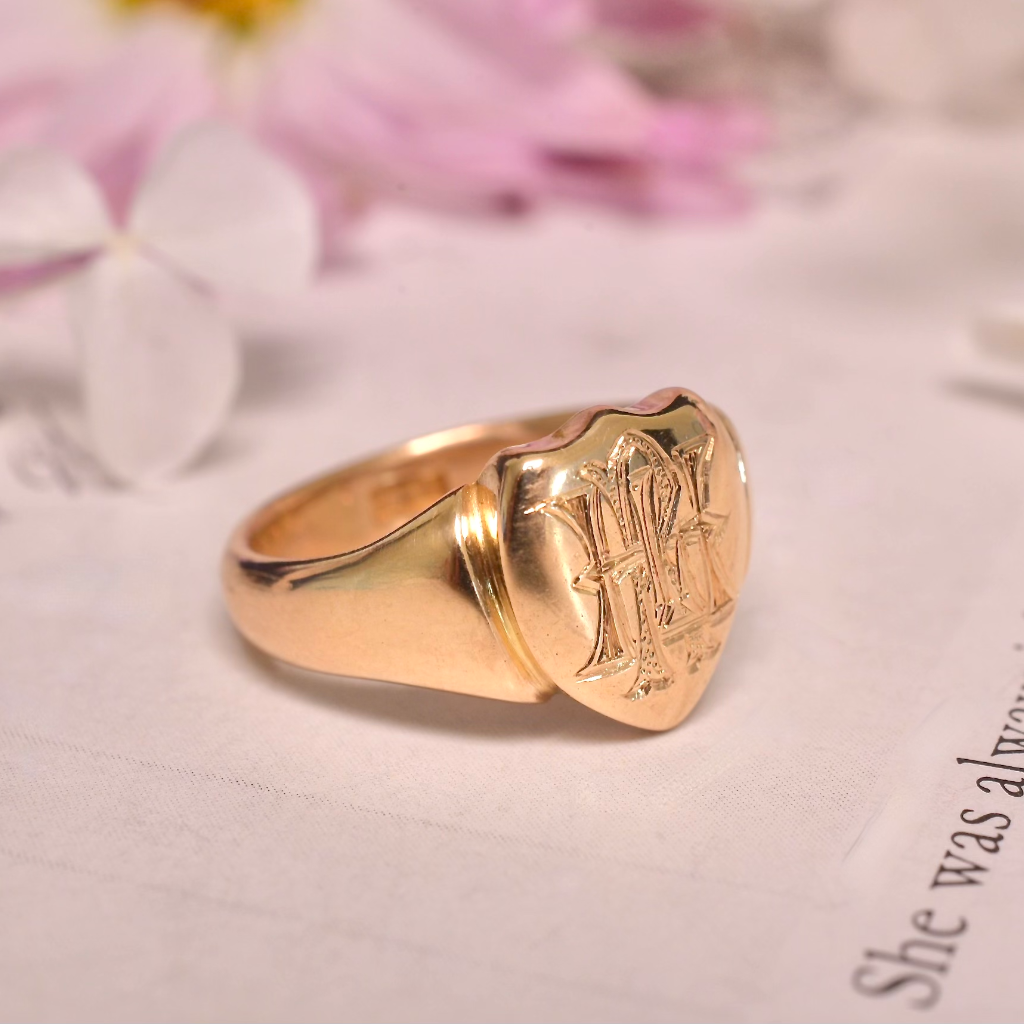 Antique Art Deco Era 18ct Yellow Gold Monogrammed Shield Ring Circa 1930’s