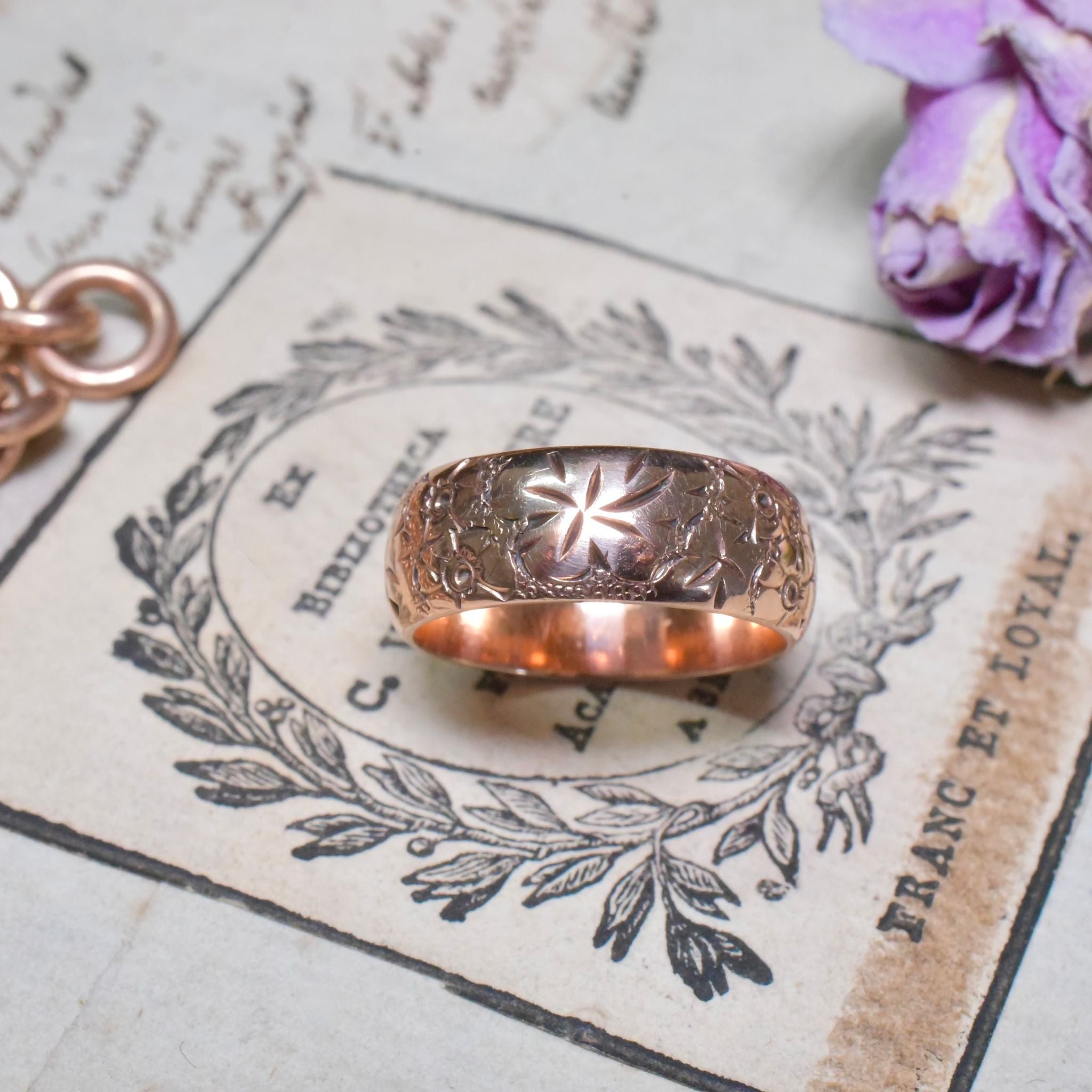 Antique Edwardian 9ct Rose Gold Floral Patterned Band - Chester 1907