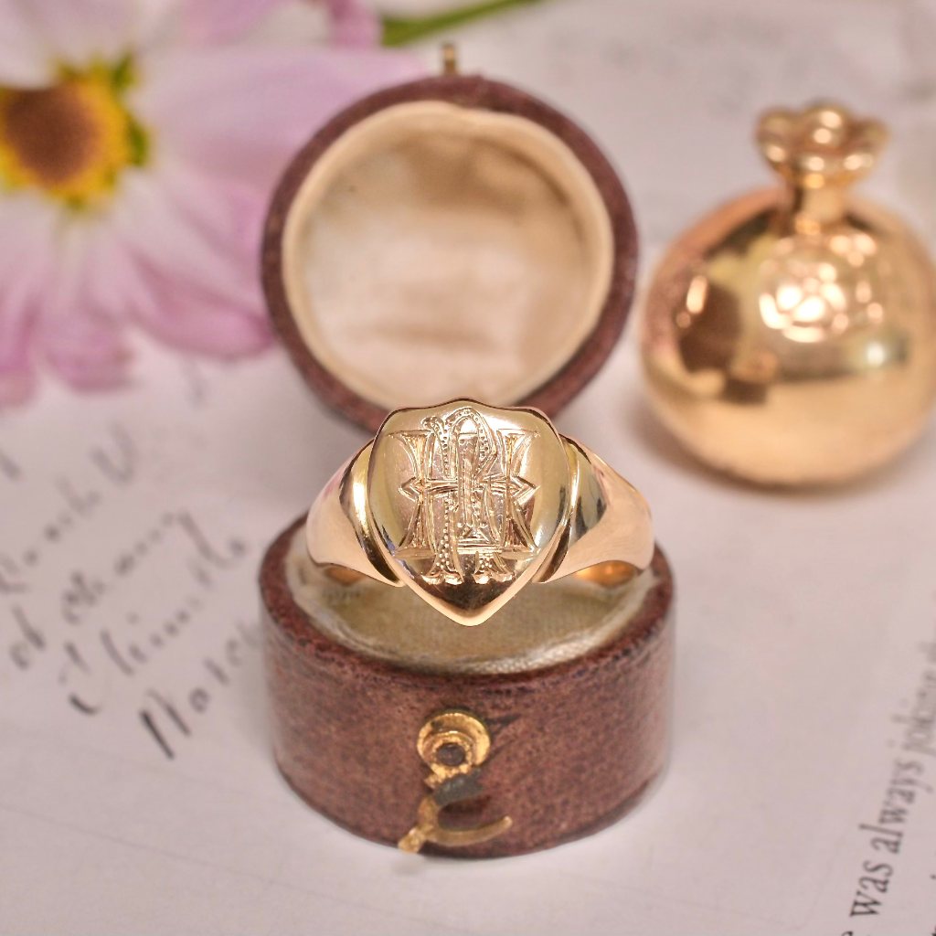 Antique Art Deco Era 18ct Yellow Gold Monogrammed Shield Ring Circa 1930’s