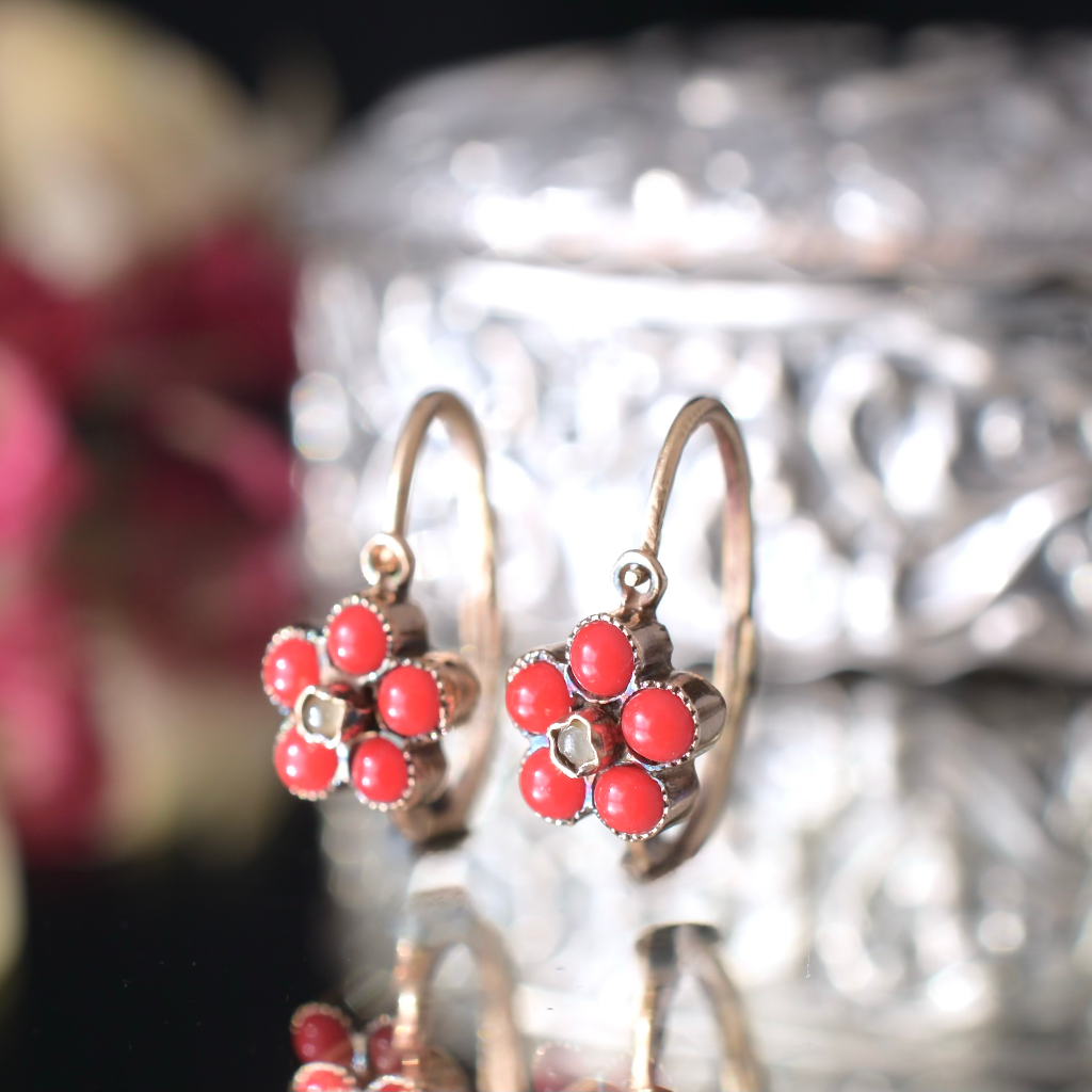 Antique European 12ct Rose Gold Dormeuse Coral And Seed Pearl Earrings Circa 1920’s