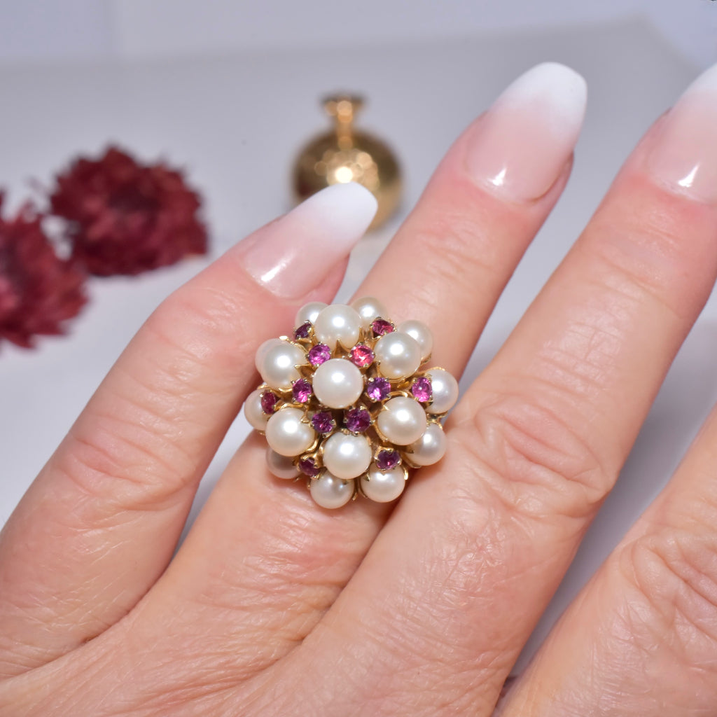 Vintage Mid-Century 14ct Rose Gold Pearl And Rubellite Tourmaline Cocktail Ring Circa 1960’s
