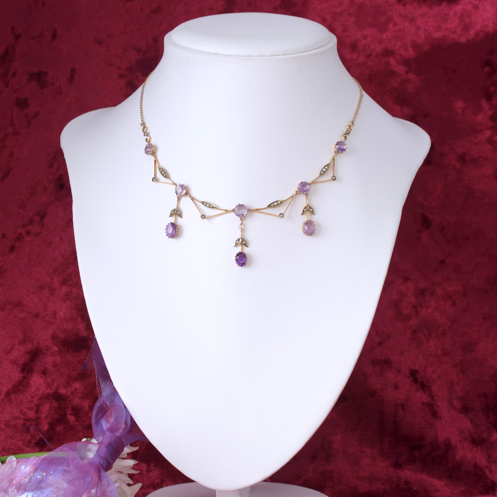 Antique Edwardian 9ct Rose Gold Amethyst Pearl Fringe Necklace Circa 1910