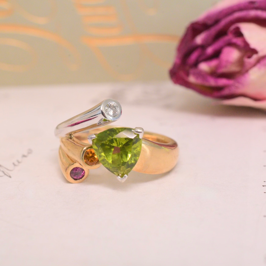 Modern 9ct Yellow Gold Peridot Garnet Citrine Diamond Dress Ring