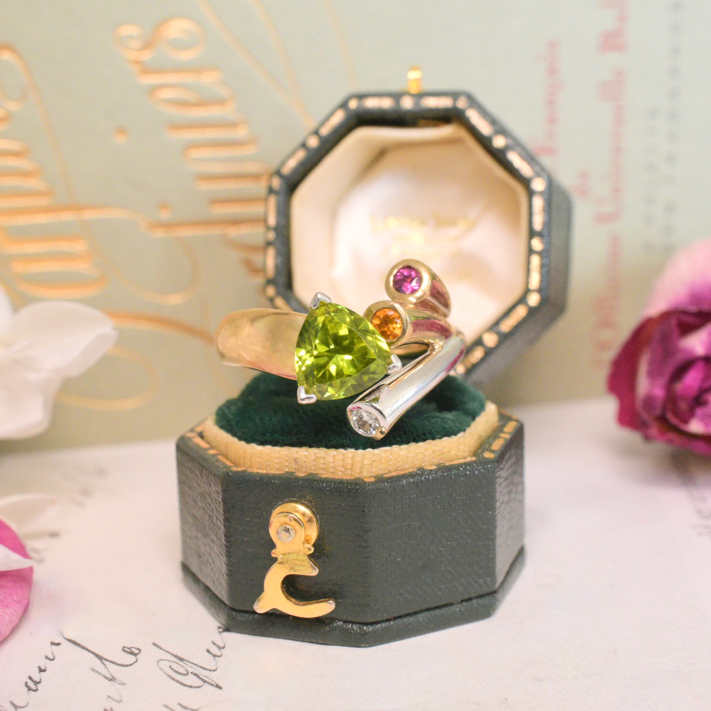 Modern 9ct Yellow Gold Peridot Garnet Citrine Diamond Dress Ring