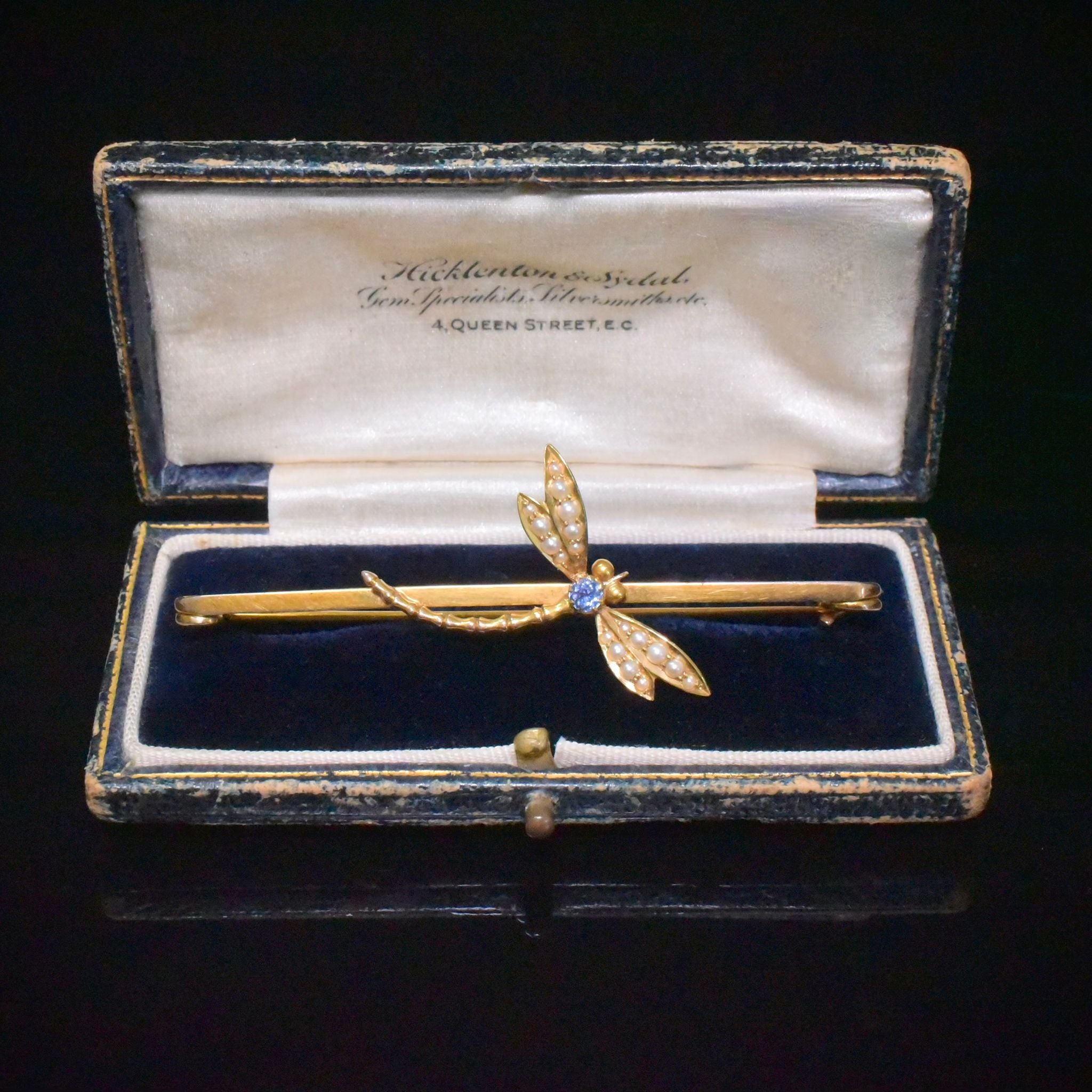 Superb Edwardian / Art Nouveau Era 9ct Yellow Gold Sapphire & Pearl Dragonfly Brooch Circa 1910-15