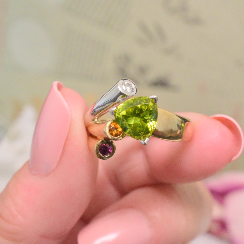 Modern 9ct Yellow Gold Peridot Garnet Citrine Diamond Dress Ring
