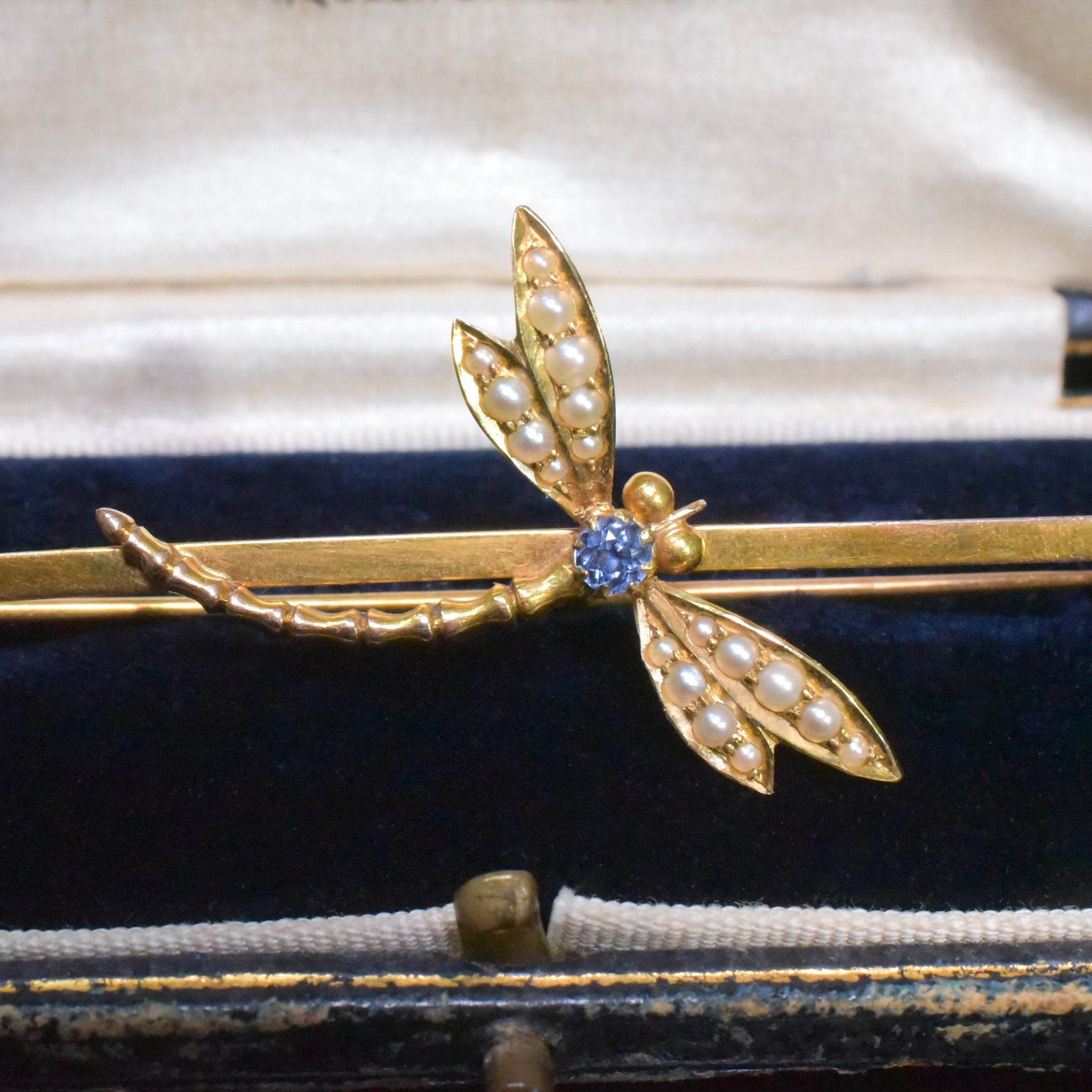 Superb Edwardian / Art Nouveau Era 9ct Yellow Gold Sapphire & Pearl Dragonfly Brooch Circa 1910-15
