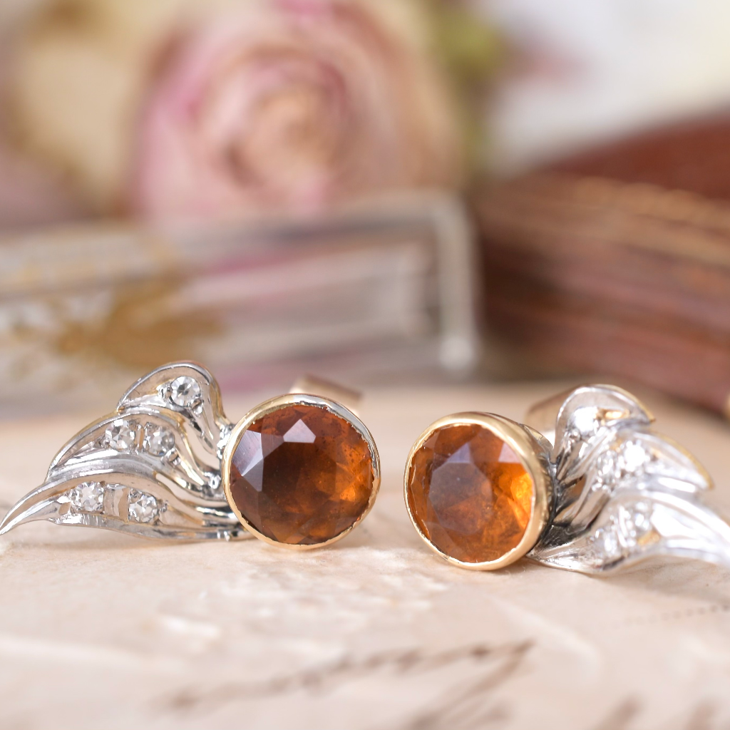Vintage Retro Era 14ct Yellow Gold Citrine And Diamond Earrings