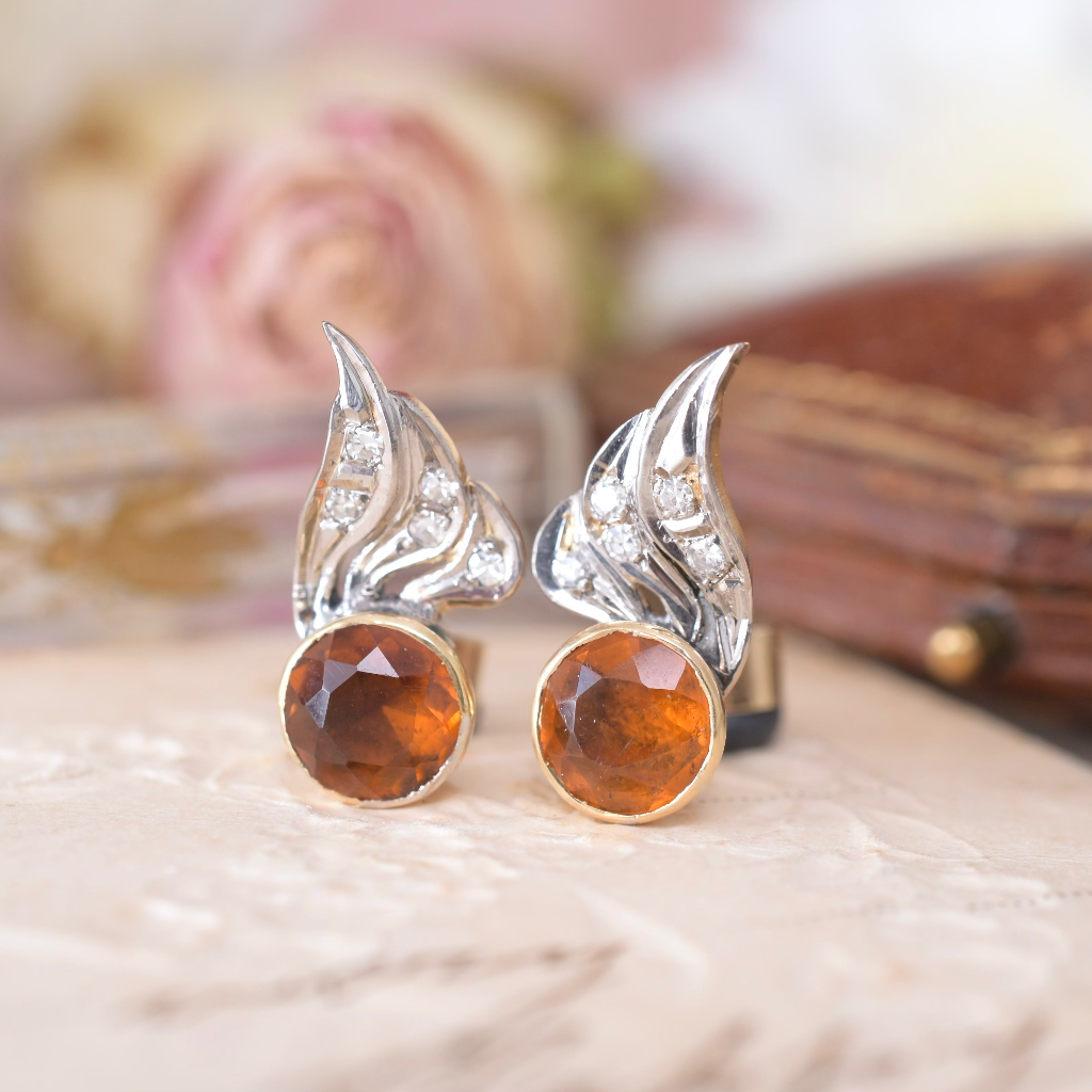 Vintage Retro Era 14ct Yellow Gold Citrine And Diamond Earrings