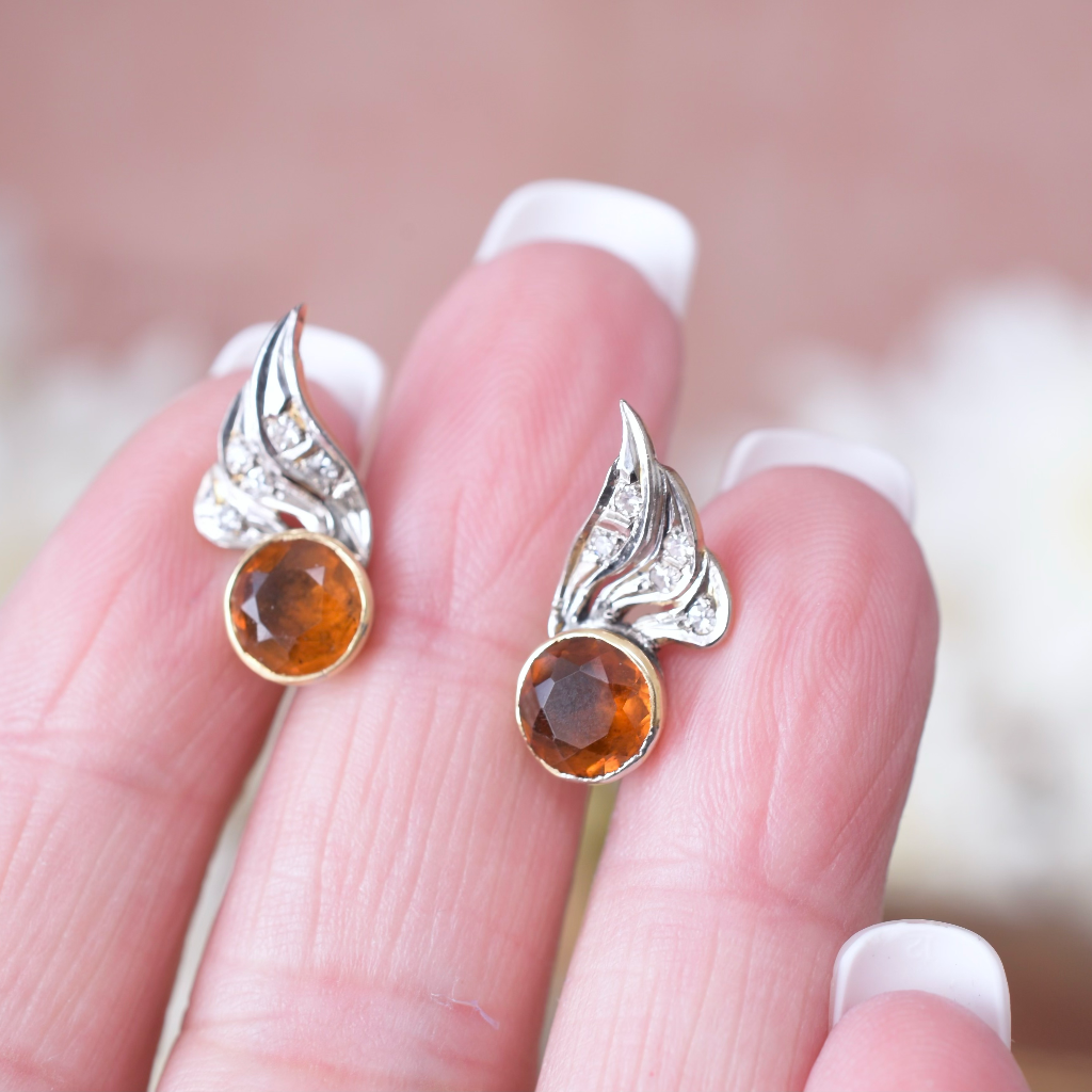 Vintage Retro Era 14ct Yellow Gold Citrine And Diamond Earrings