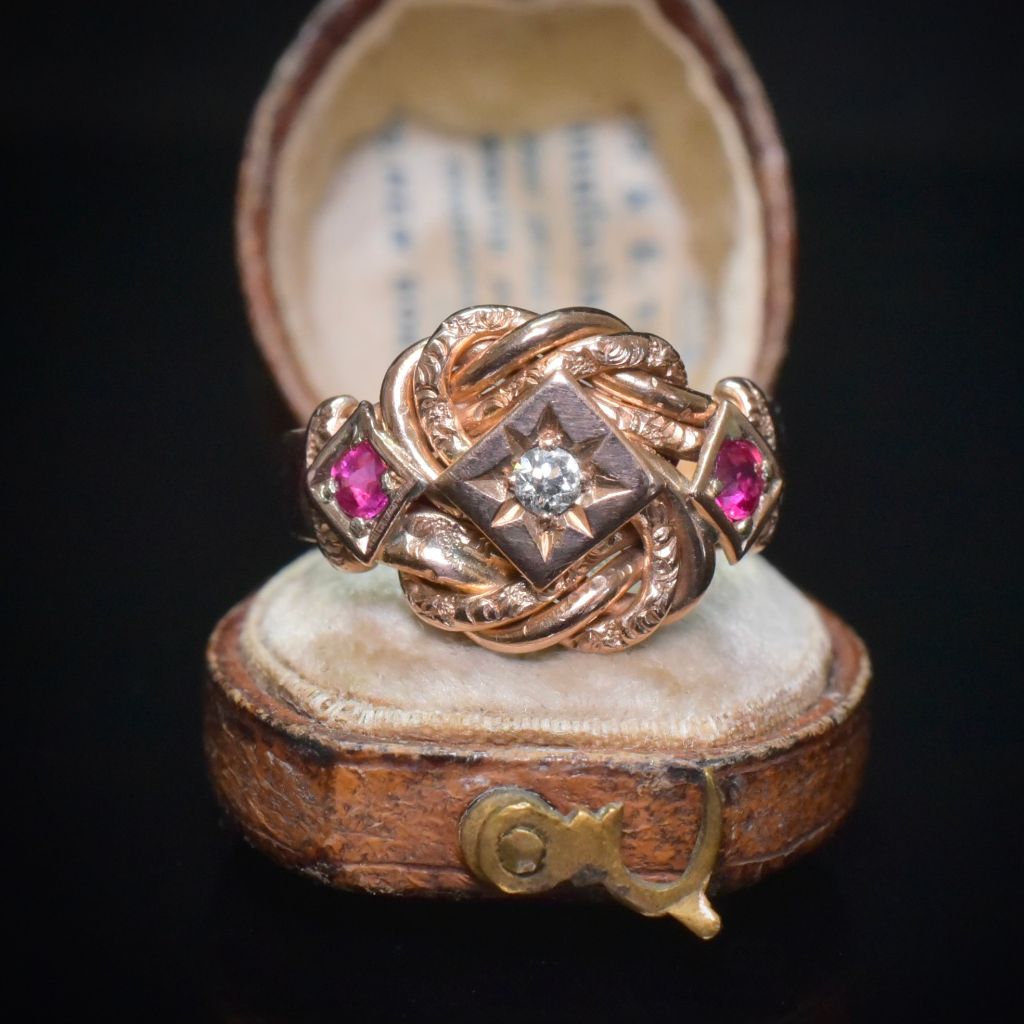 Antique Edwardian 9ct Rose Gold Ruby And Diamond ‘Lovers Knot’ Ring Birmingham 1919