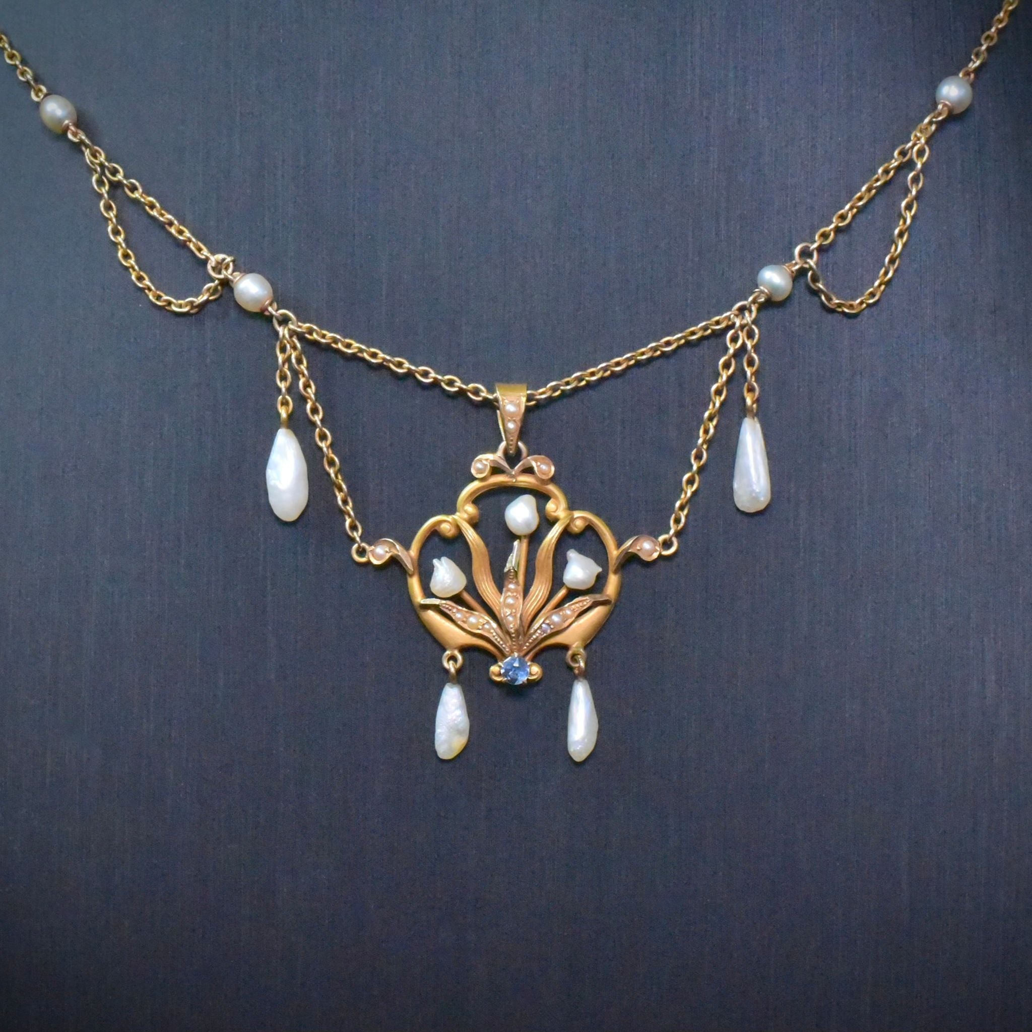 Antique Art Nouveau 14ct Yellow Gold Sapphire And Pearl Necklace Circa 1890-1910