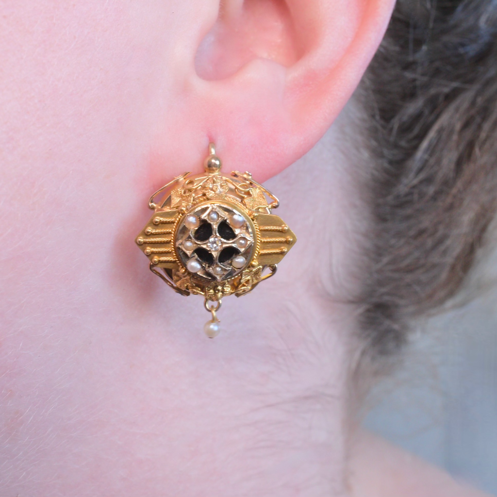 Antique Victorian Etruscan Revival 14ct Yellow Gold Diamond And Seed Pearl Earrings Circa 1870-80