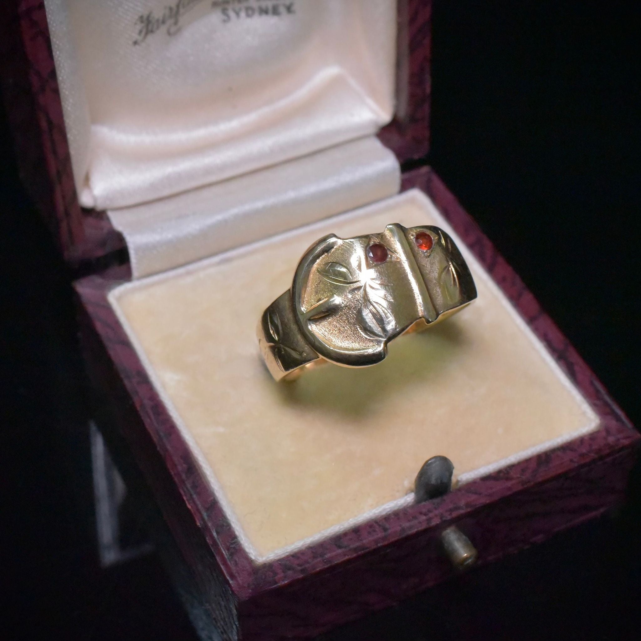 Vintage 9ct Yellow Gold And Garnet ‘Art Nouveau Style’ Buckle Ring - by Charles Lyster &Sons Birmingham 1967