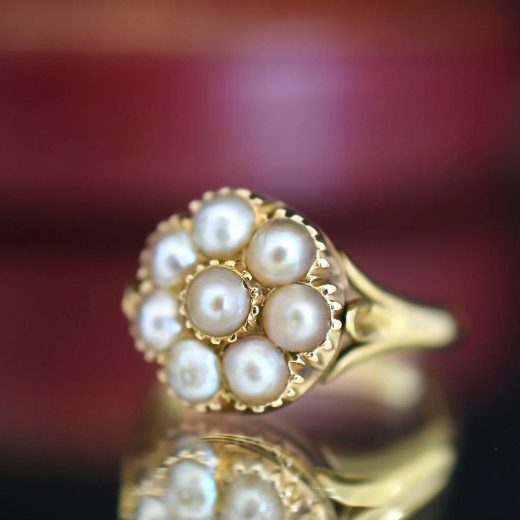 Antique Victorian 18ct Yellow Gold Daisy Halo Pearl Ring Circa 1900