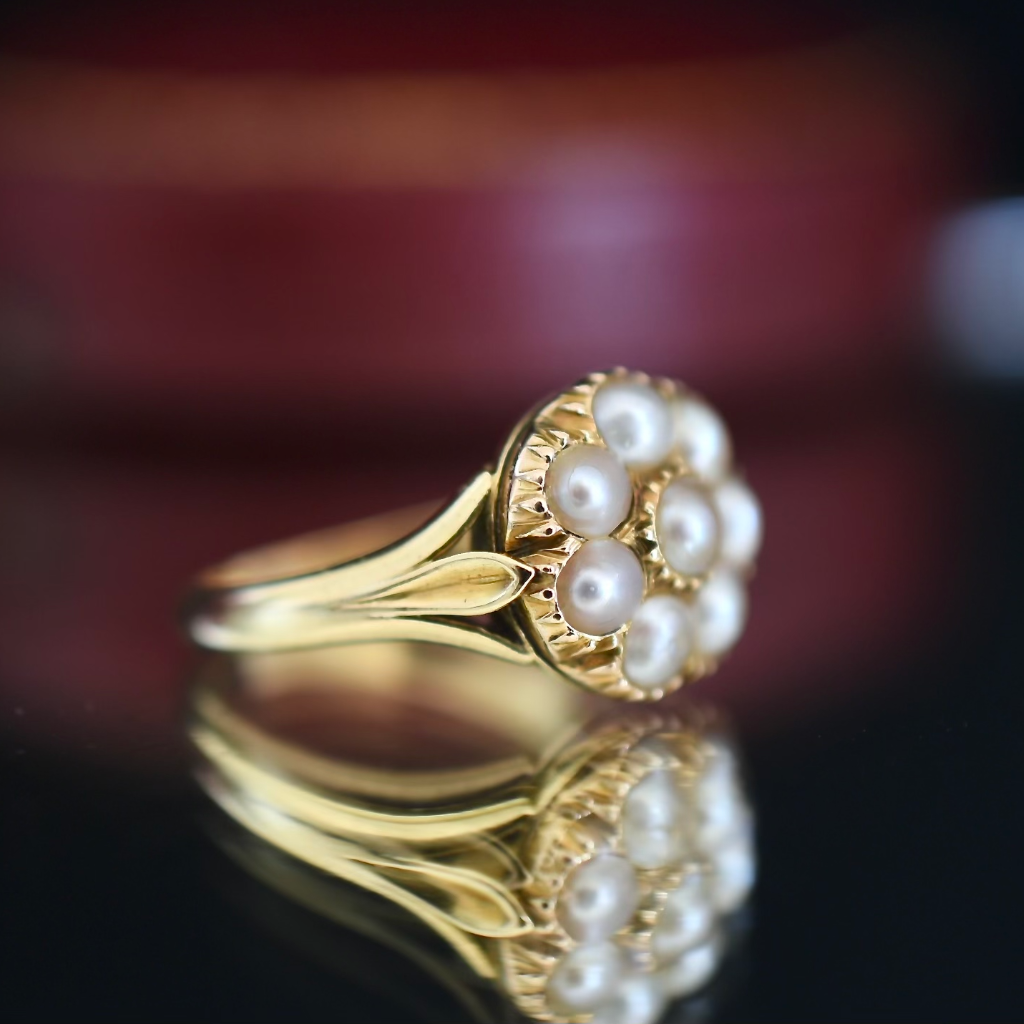 Antique Victorian 18ct Yellow Gold Daisy Halo Pearl Ring Circa 1900